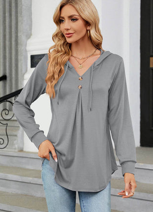 Decorative Button Drawstring Long Sleeve Hoodie - MimiStylez