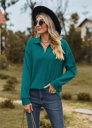 Collared Neck Cable-Knit Long Sleeve Blouse - MimiStylez