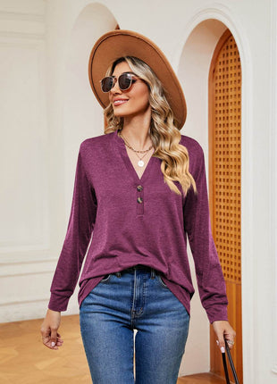 Buttoned Notched Neck Long Sleeve Top - MimiStylez