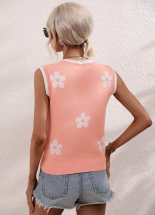 Floral Contrast Ribbed Trim Sweater Vest - MimiStylez