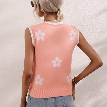 Floral Contrast Ribbed Trim Sweater Vest - MimiStylez