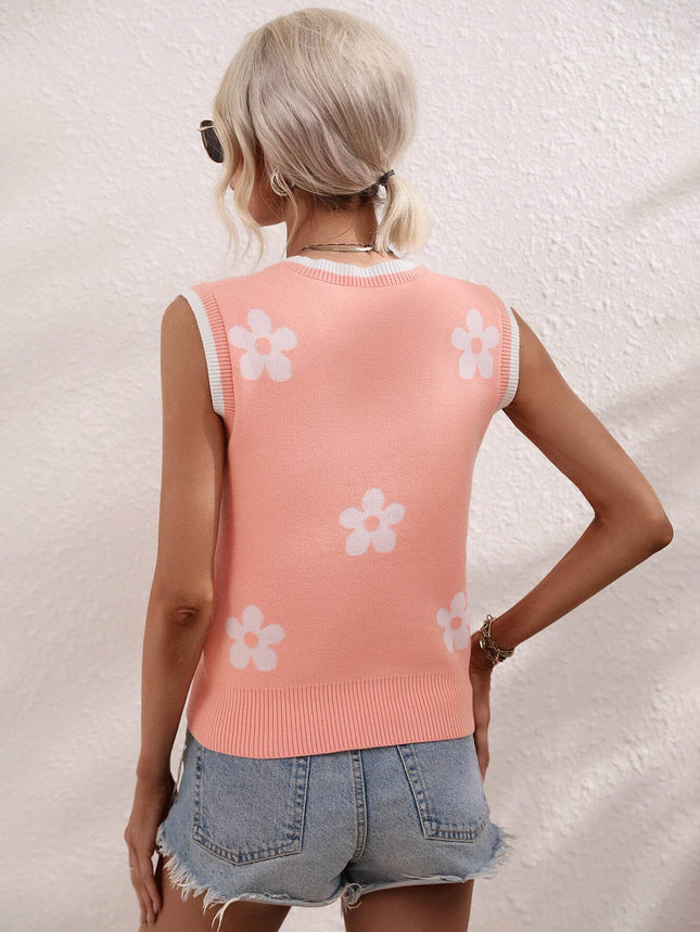 Floral Contrast Ribbed Trim Sweater Vest - MimiStylez