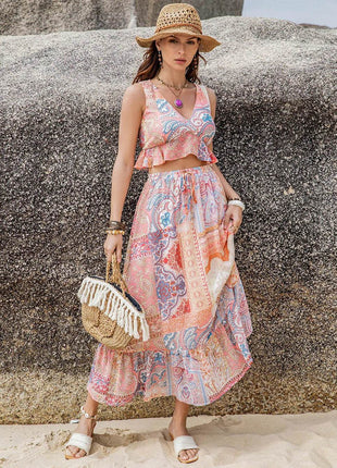 Printed V-Neck Top and Midi Skirt Set - MimiStylez