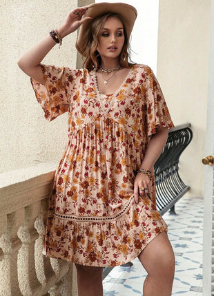 Plus Size Floral Crochet Flutter Sleeve Dress - MimiStylez