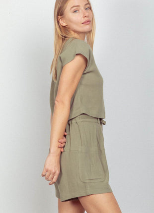 VERY J Woven Cropped Top & Waist Tie Shorts Set - MimiStylez