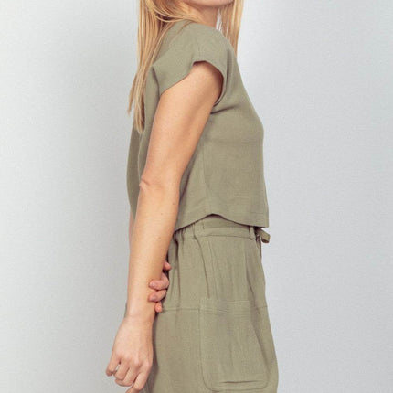 VERY J Woven Cropped Top & Waist Tie Shorts Set - MimiStylez