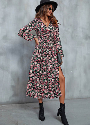 Floral V-Neck Slit Midi Dress - MimiStylez