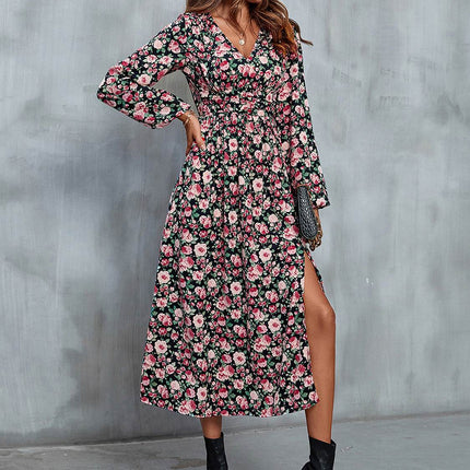 Floral V-Neck Slit Midi Dress - MimiStylez