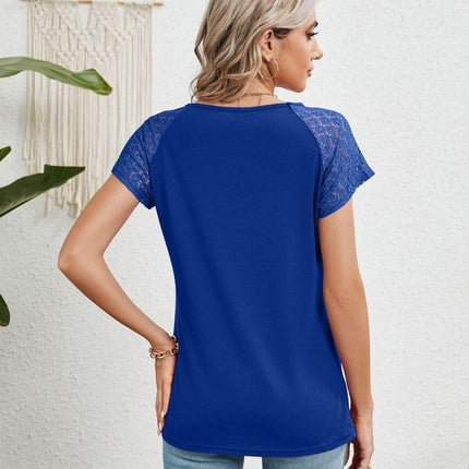 Lace Detail Round Neck Short Sleeve T-Shirt - MimiStylez