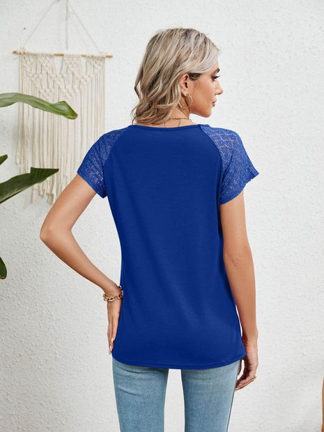 Lace Detail Round Neck Short Sleeve T-Shirt - MimiStylez