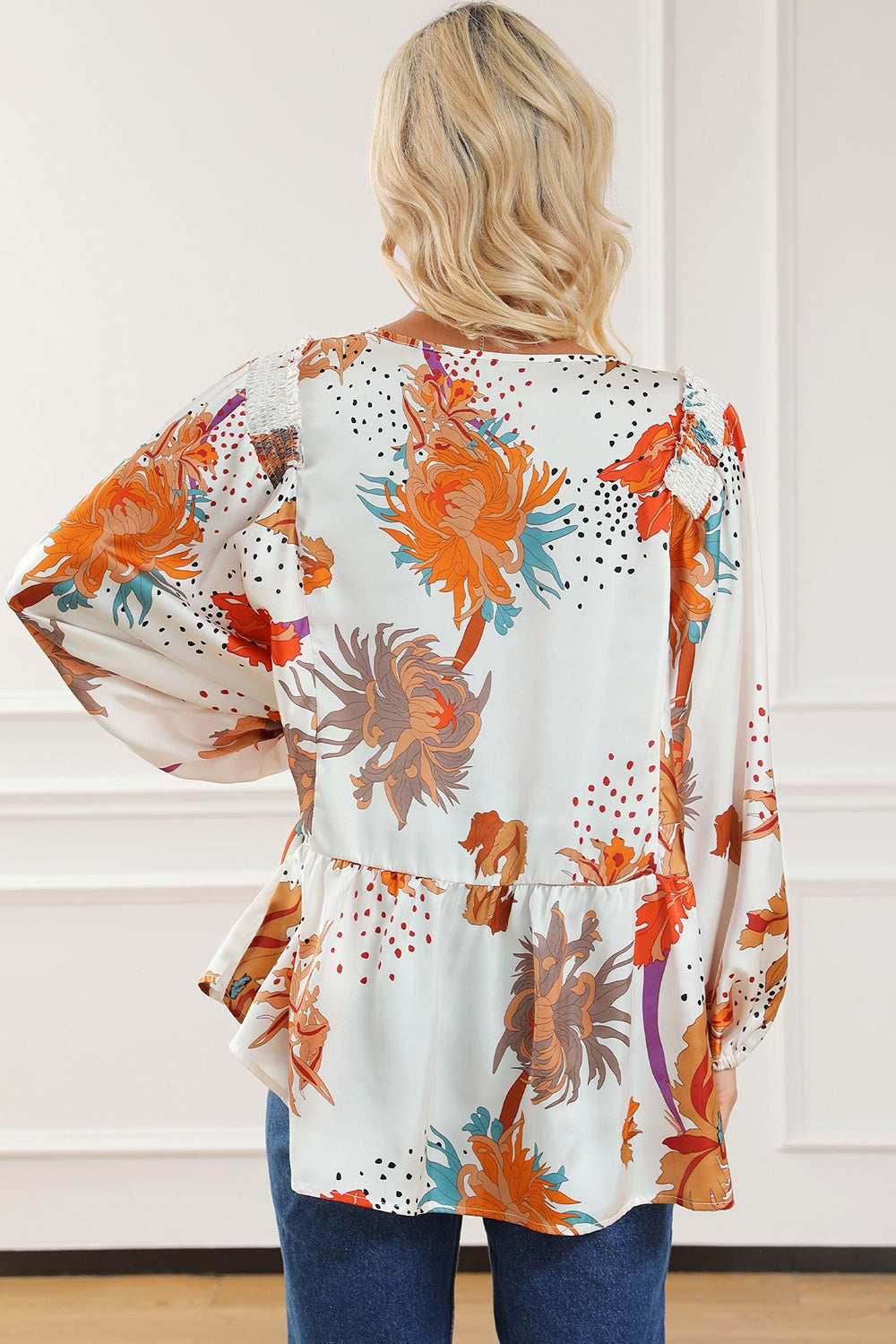 Printed V-Neck Smocked Balloon Sleeve Blouse