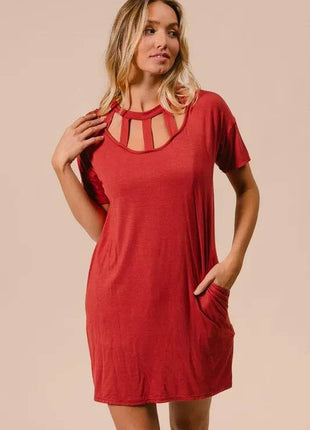 BiBi Front Cutout Mini Tee Dress with Pockets - MimiStylez
