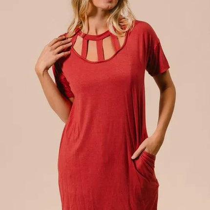 BiBi Front Cutout Mini Tee Dress with Pockets - MimiStylez