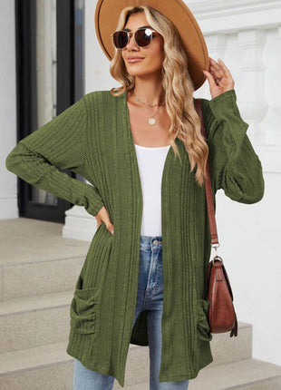 Pocketed Open Front Long Sleeve Cardigan - MimiStylez