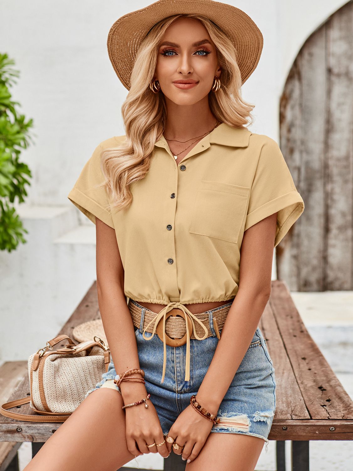 Drawstring Pocketed Collared Neck Short Sleeve Shirt