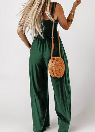 Smocked Square Neck Wide Leg Jumpsuit with Pockets - MimiStylez