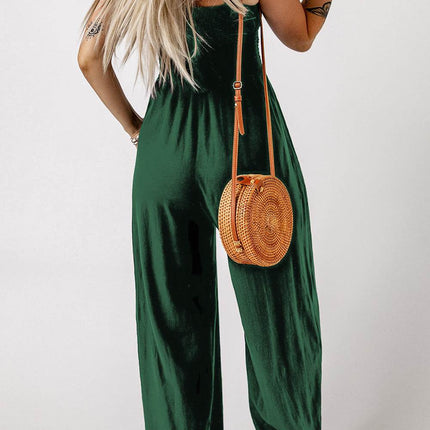 Smocked Square Neck Wide Leg Jumpsuit with Pockets - MimiStylez