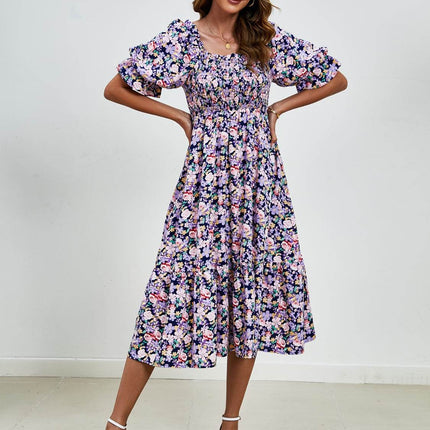 Smocked Floral Square Neck Short Sleeve Dress - MimiStylez