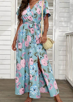 Floral Tie-Waist Slit Surplice Maxi Dress - MimiStylez