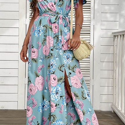 Floral Tie-Waist Slit Surplice Maxi Dress - MimiStylez