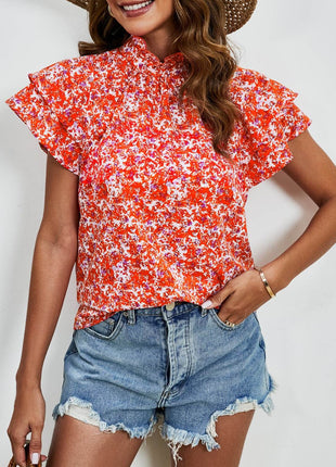 Ditsy Floral Mock Neck Flounce Sleeve Blouse - MimiStylez