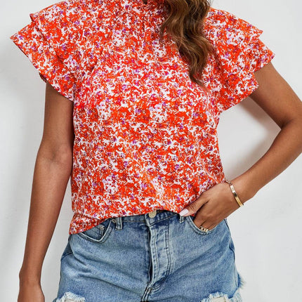 Ditsy Floral Mock Neck Flounce Sleeve Blouse - MimiStylez