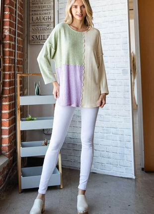 Culture Code Color Block Round Neck Dropped Shoulder Blouse - MimiStylez