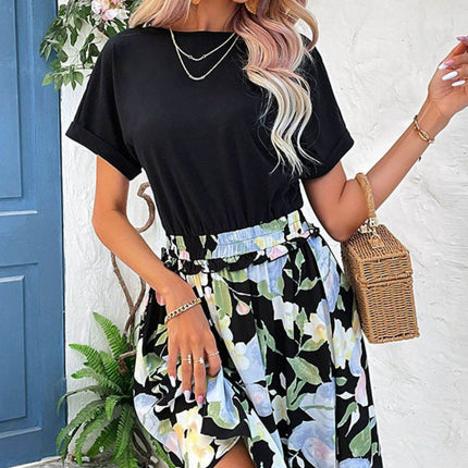 Two-Tone Round Neck Cuffed Sleeve Dress - MimiStylez