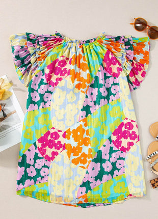 Ruffled Printed Tie Neck Cap Sleeve Blouse - MimiStylez