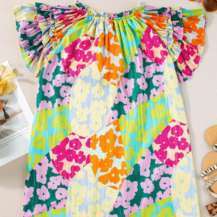 Ruffled Printed Tie Neck Cap Sleeve Blouse - MimiStylez