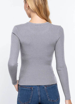 ACTIVE BASIC Full Size Ribbed Round Neck Long Sleeve Knit Top - MimiStylez
