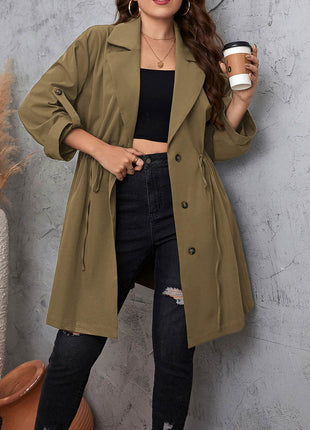 Plus Size Lapel Collar Drawstring Roll-Tab Sleeve Trench Coat - MimiStylez