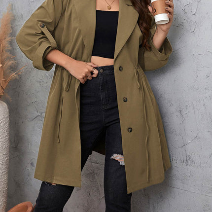 Plus Size Lapel Collar Drawstring Roll-Tab Sleeve Trench Coat - MimiStylez