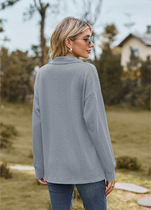 Collared Neck Cable-Knit Long Sleeve Blouse - MimiStylez