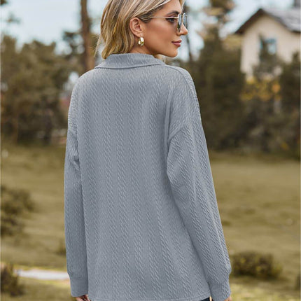 Collared Neck Cable-Knit Long Sleeve Blouse - MimiStylez