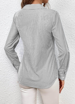 Bow Tie Waist Johnny Collar Neck Striped Blouse - MimiStylez