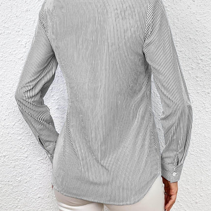 Bow Tie Waist Johnny Collar Neck Striped Blouse - MimiStylez
