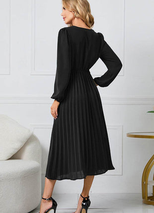 V-Neck Long Sleeve Tie Waist Midi Dress - MimiStylez
