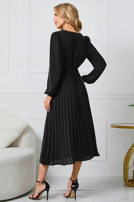 V-Neck Long Sleeve Tie Waist Midi Dress - MimiStylez