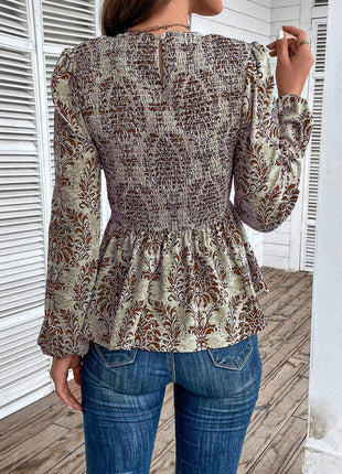 Smocked Printed Balloon Sleeve Blouse - MimiStylez