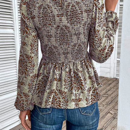 Smocked Printed Balloon Sleeve Blouse - MimiStylez