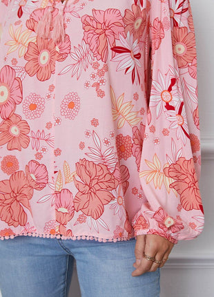 Floral Smocked Tassel Tie Balloon Sleeve Blouse - MimiStylez