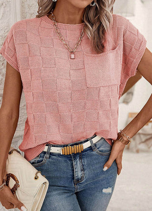 Plaid Pocketed Round Neck Sweater - MimiStylez