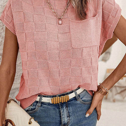 Plaid Pocketed Round Neck Sweater - MimiStylez