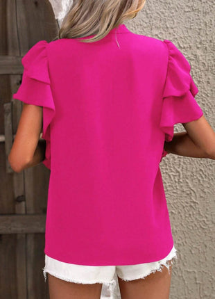 Ruffled Notched Short Sleeve Blouse - MimiStylez