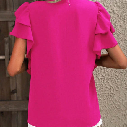 Ruffled Notched Short Sleeve Blouse - MimiStylez