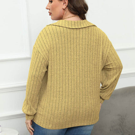 Plus Size Ribbed Collared Neck Long Sleeve Blouse - MimiStylez