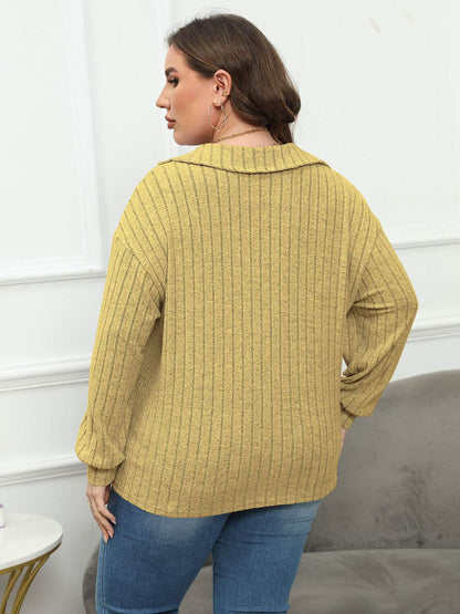 Plus Size Ribbed Collared Neck Long Sleeve Blouse - MimiStylez
