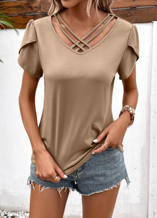 Strappy V-Neck Petal Sleeve Top - MimiStylez