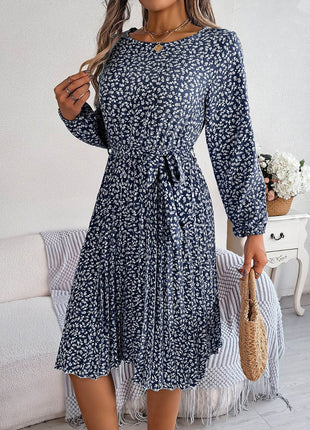 Ditsy Floral Tie Waist Pleated Dress - MimiStylez